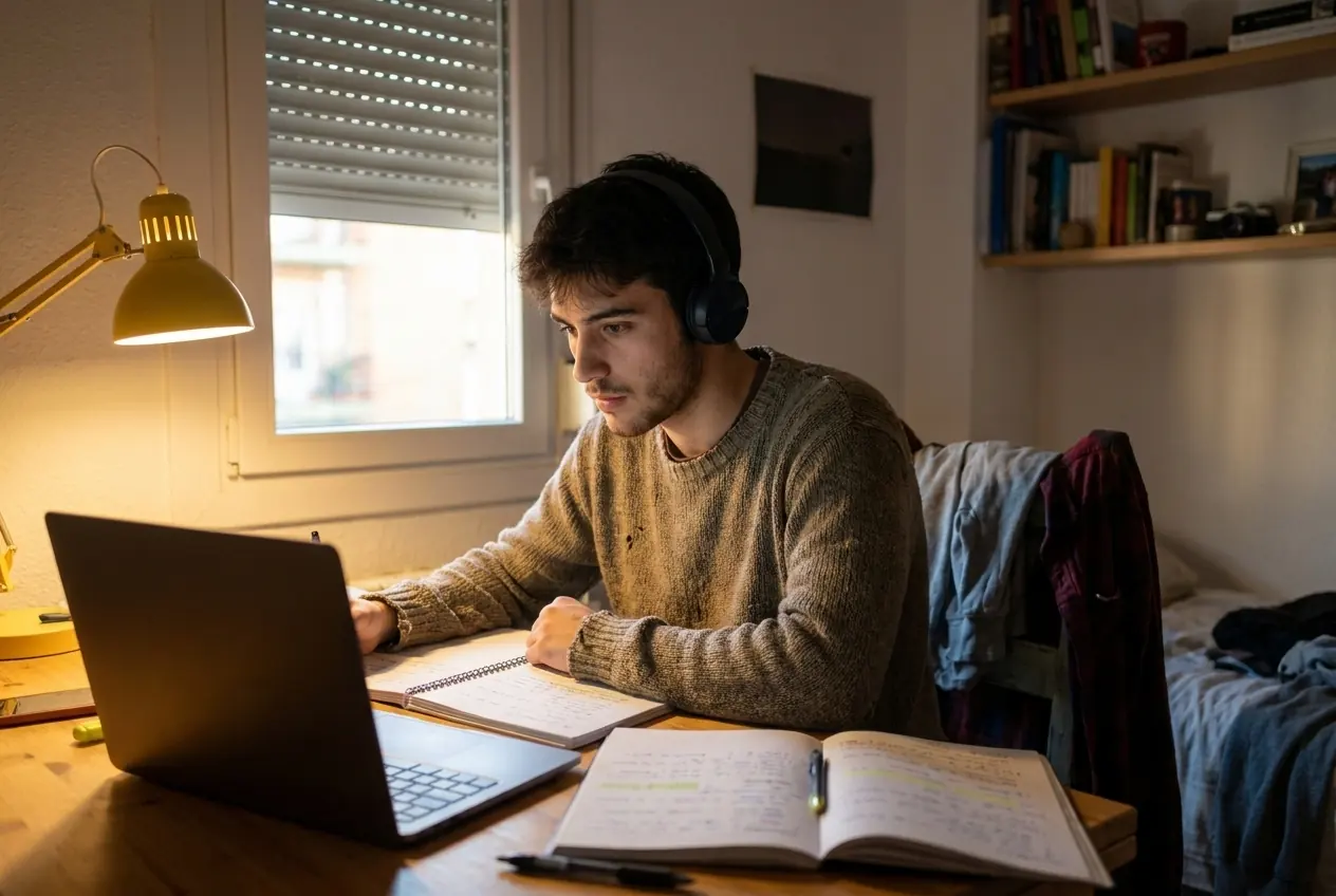 Chico de veinte años estudiando con auriculares en su habitación (imagen generada con IA)