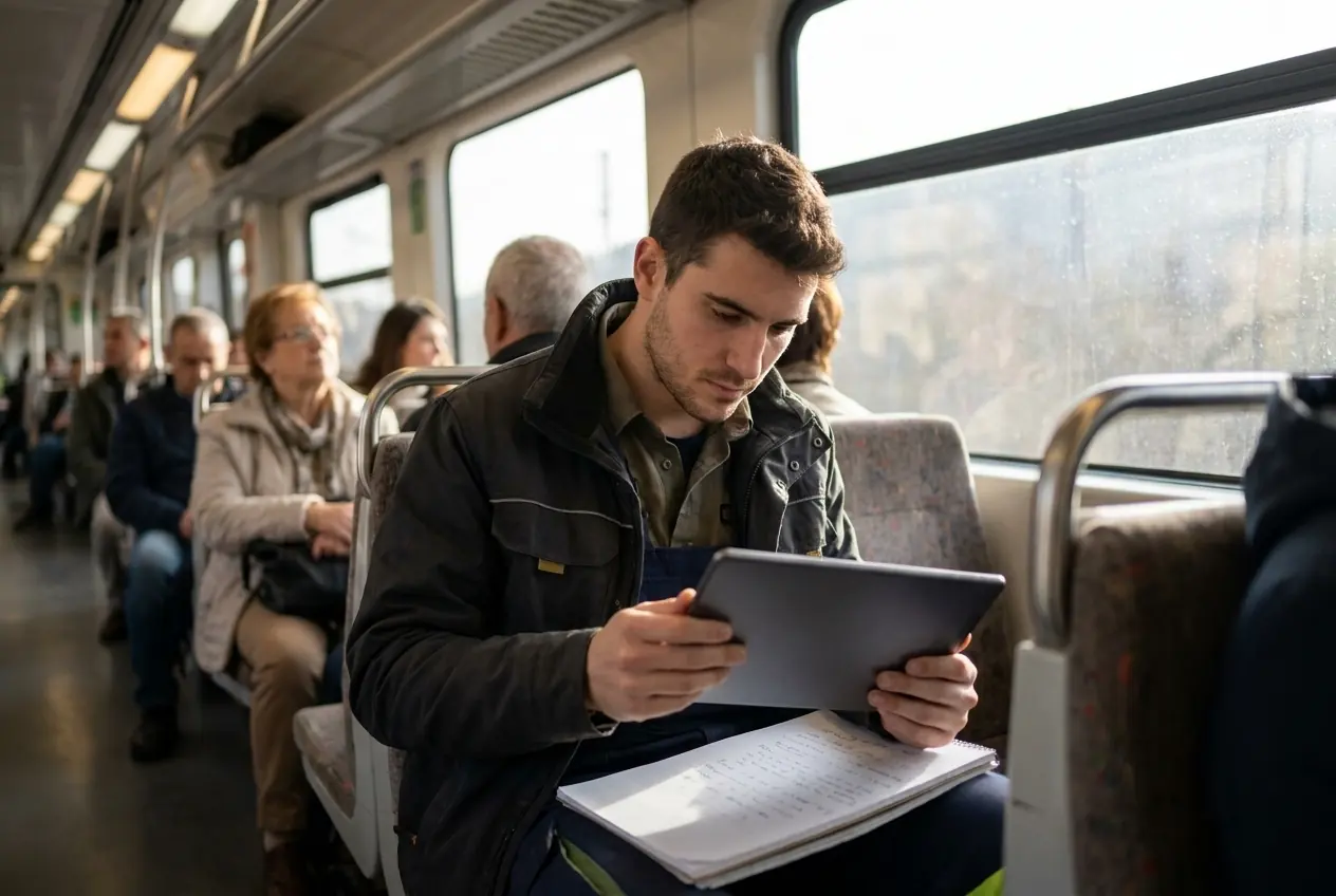 Hombre repasando apuntes en una tableta en un tren de cercanías (imagen generada con IA)