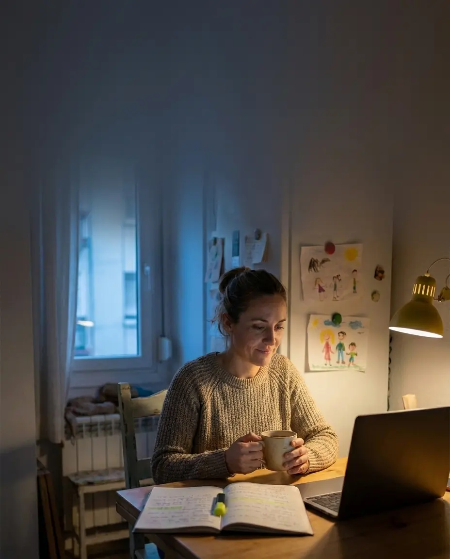 Mujer estudiando por la noche en la mesa de su cocina, con apuntes y un té (imagen generada con IA)